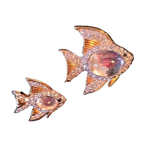 Swarovski Crystal Fish Pins Brooch Set Signed w Logo Gold-tone